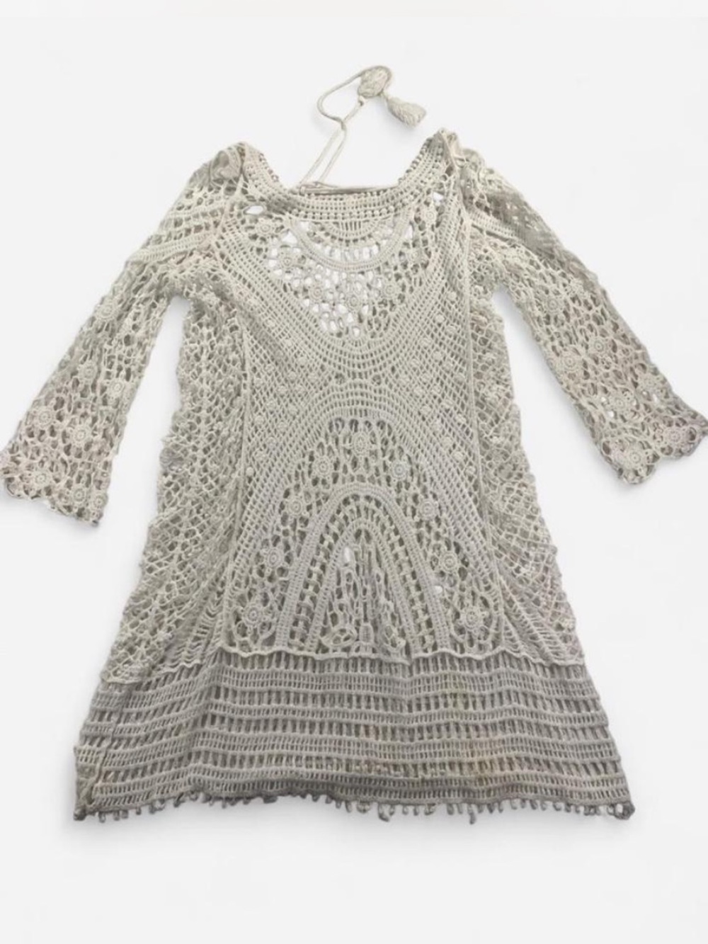 Boho Crochet Scoop Back Cover Up in Cream w/ Tassels Size Large